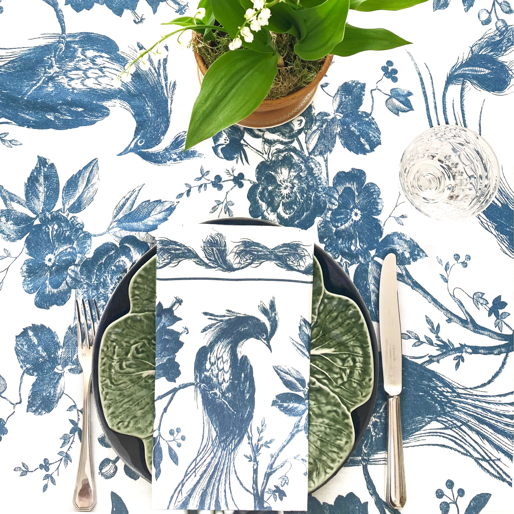 Birds in Paradise Blue Cotton Tablecloth