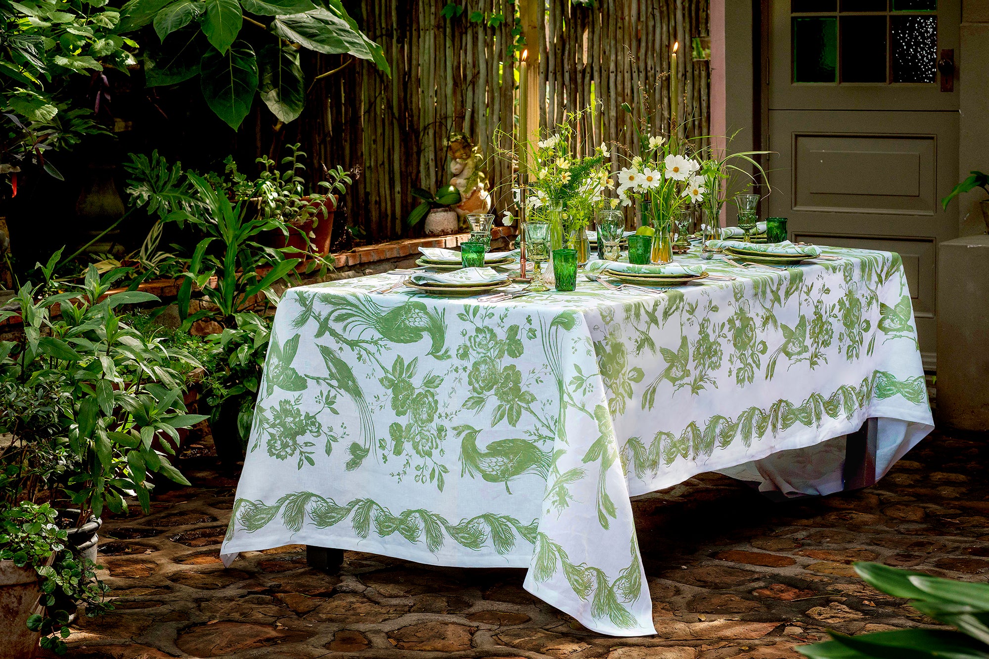 Birds in Paradise Green Linen Tablecloth