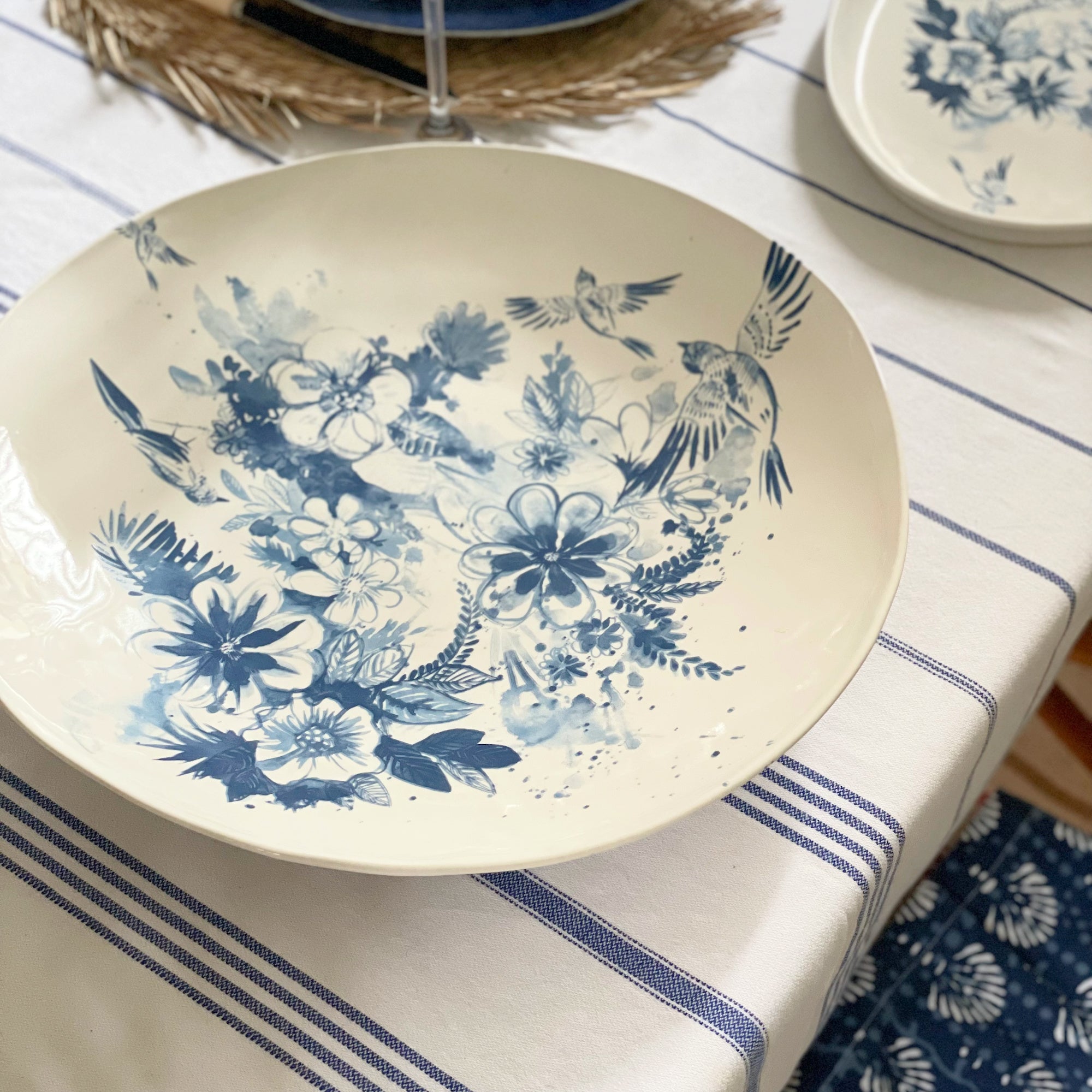 Blue Flower & Bird XL Flat Round Platter