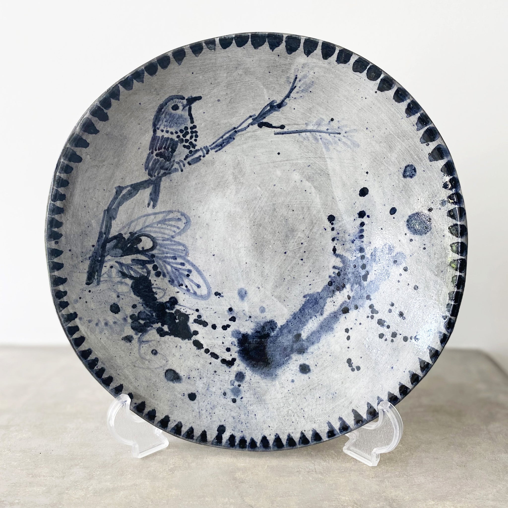 Bird on a Branch Hand Painted Ceramic Shallow Bowl (lll)