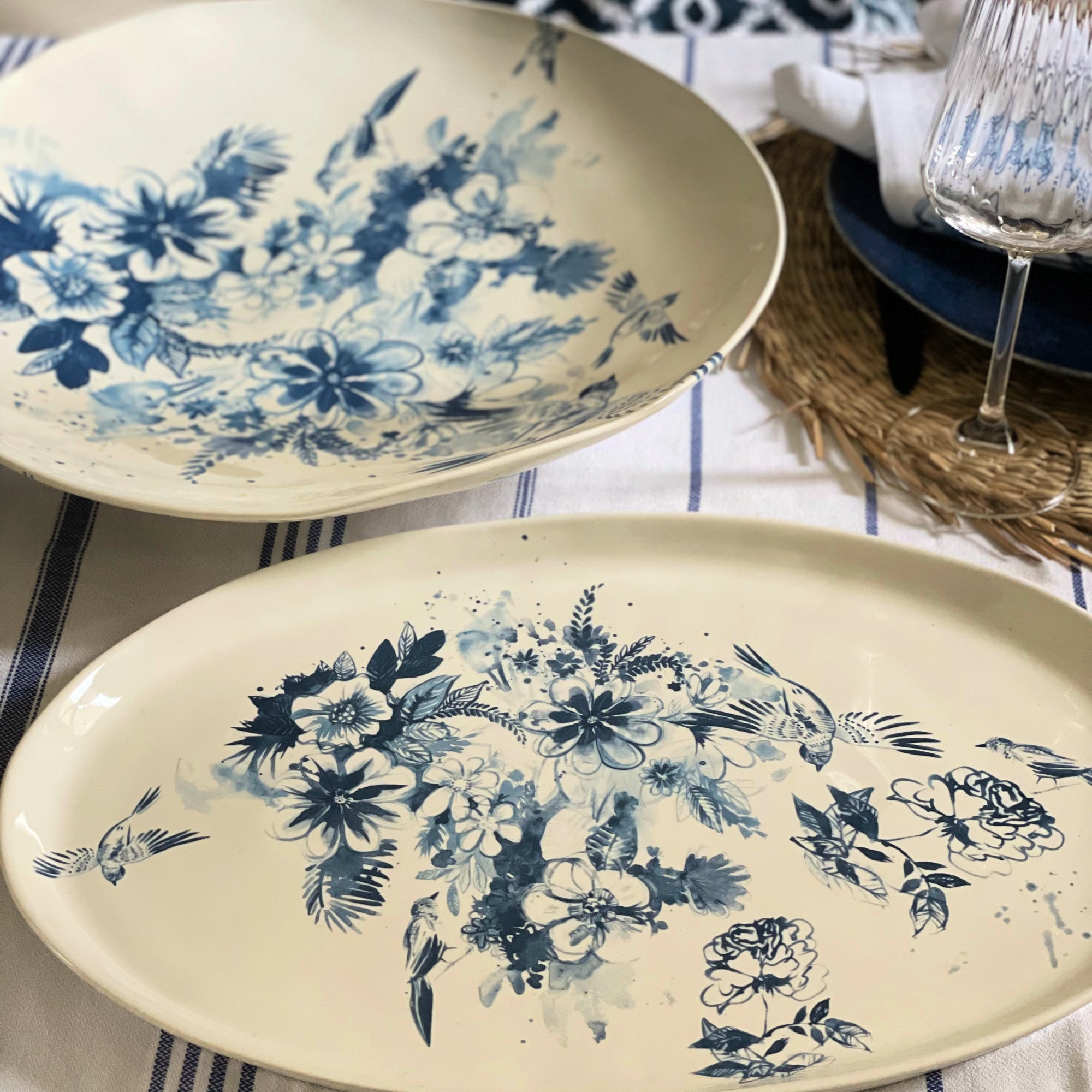 Blue  and Ivory Flower and Bird Handmade Stoneware Platter