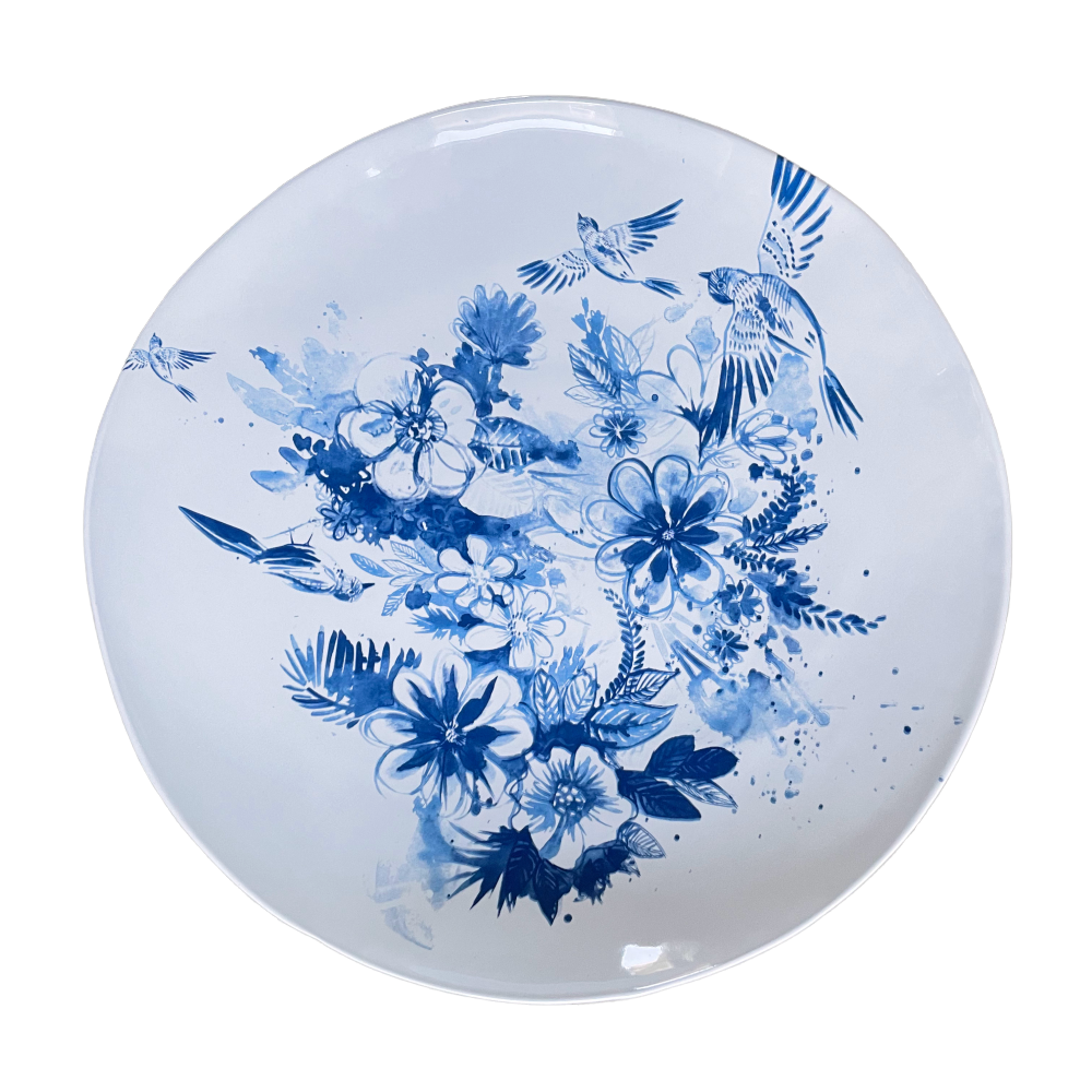 Blue Flower & Bird XL Flat Round Platter